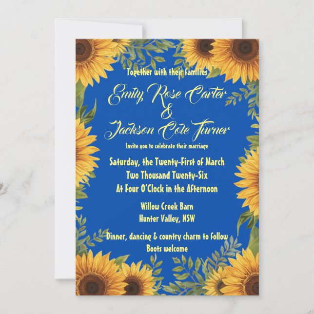 Invitación de boda azul y girasol (Anverso)