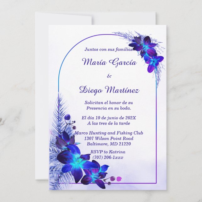 Invitación De Boda Azul y Morado Personalizables (Anverso)