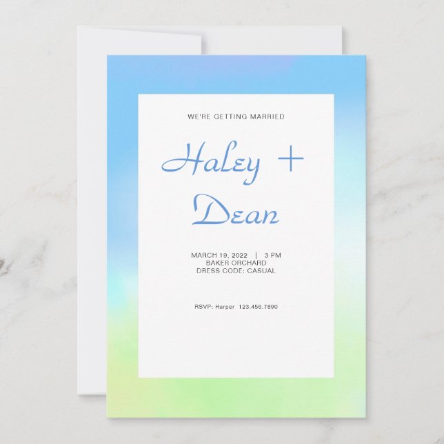 Invitación de boda azul y verde (Anverso)