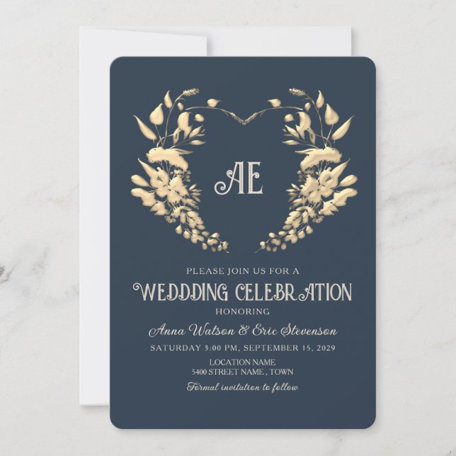 Invitación de Boda Barroca Dorada y Azul Marino (Anverso)