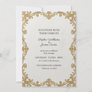 Invitación de boda barroca en marfil y dorado anti