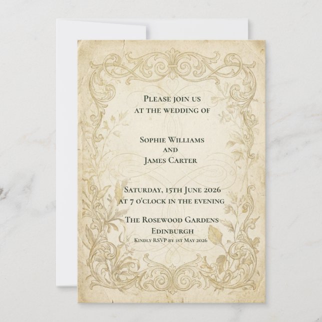 Invitación de boda barroca en oro antiguo (Anverso)