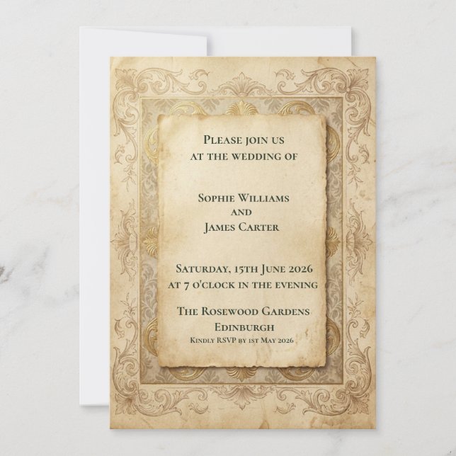Invitación de boda barroca en oro antiguo (Anverso)