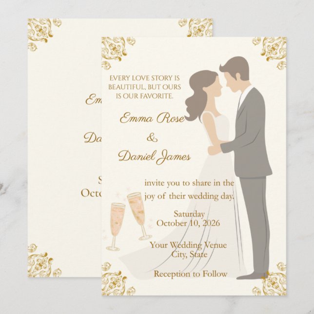 Invitación de boda barroca en oro romántico (Anverso / Reverso)
