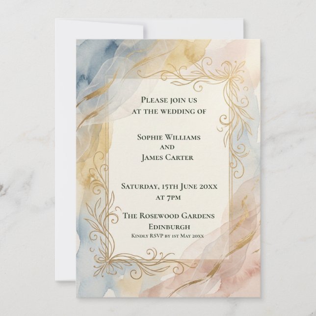 Invitación de boda barroca en pastel dorado (Anverso)
