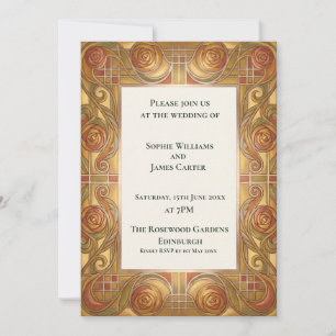 Invitación de boda barroca en terracota y dorado