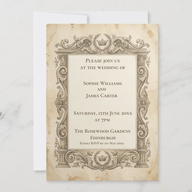Invitación de boda barroca gris vintage (Anverso)