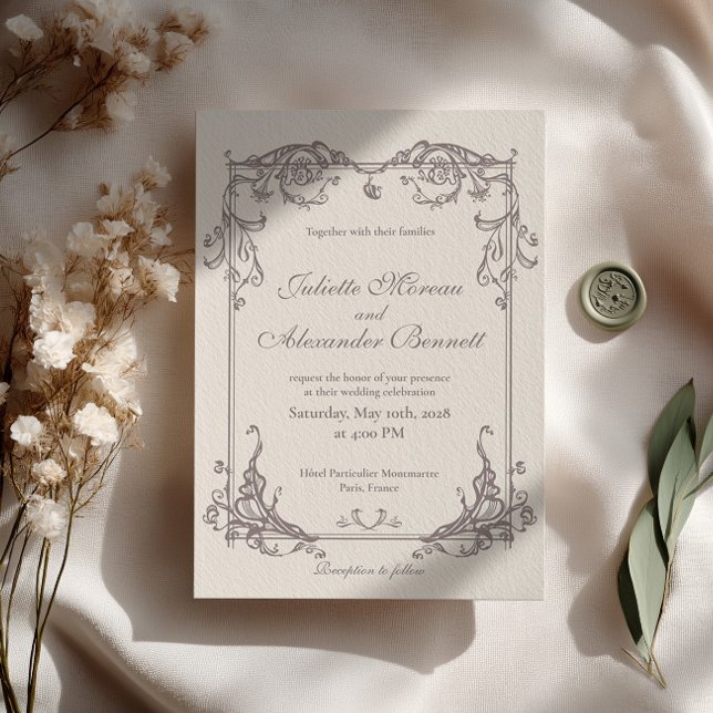 Invitación de boda barroca marfil con monograma (Subido por el creador)