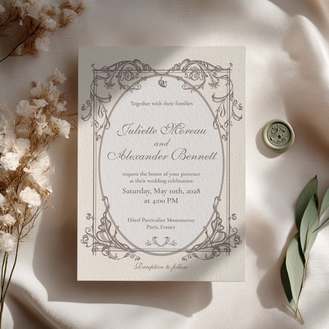 Invitación de boda barroca marfil con monograma (Subido por el creador)