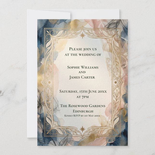 Invitación de boda barroca Navy Blush (Anverso)