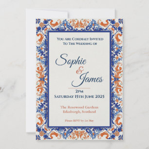 Invitación de boda barroca ornamentada azul vintag