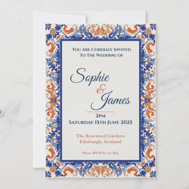 Invitación de boda barroca ornamentada azul vintag (Anverso)