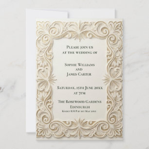 Invitación de boda barroca ornamentada en marfil