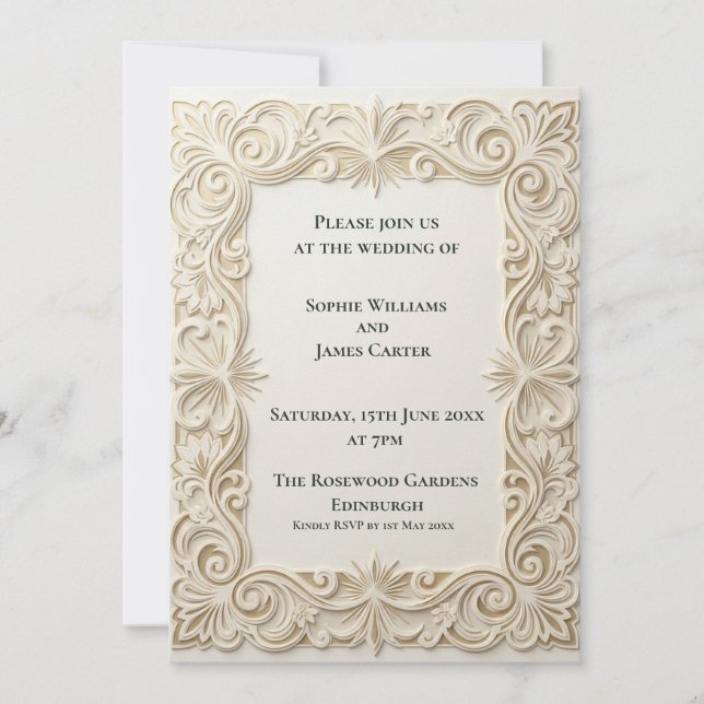 Invitación de boda barroca ornamentada en marfil (Anverso)