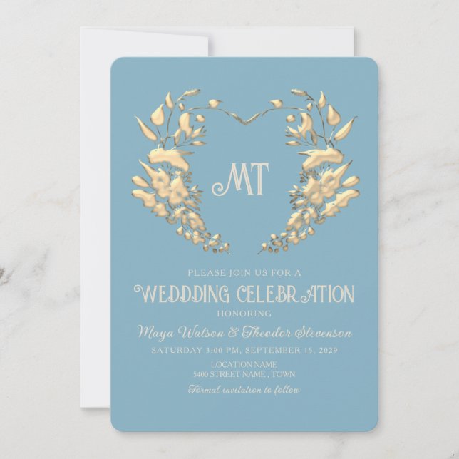 Invitación de Boda Barroco Monograma Azul Dorado (Anverso)