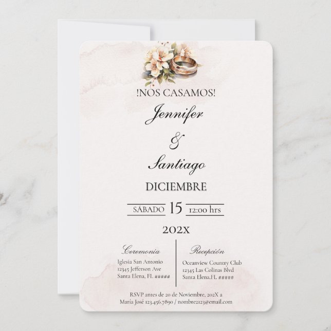 Invitación de boda beige con anillo (Anverso)