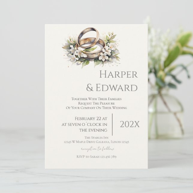 invitación de boda beige con anillo (Anverso de pie)