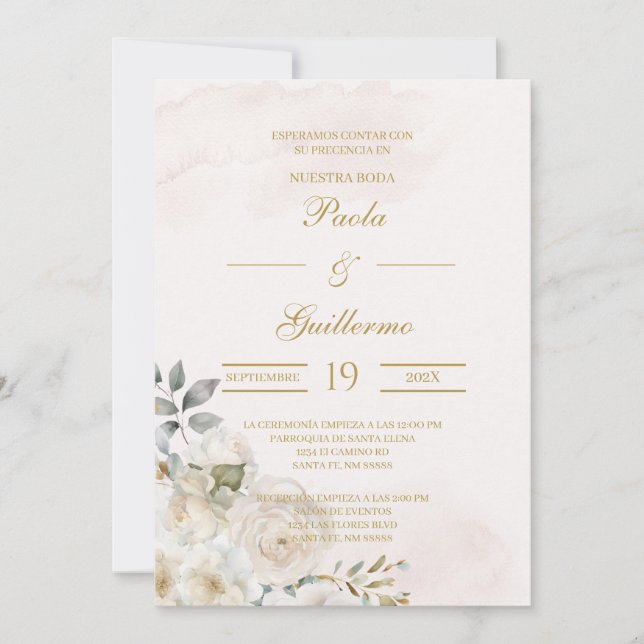 Invitación de boda beige con flor blanca (Anverso)