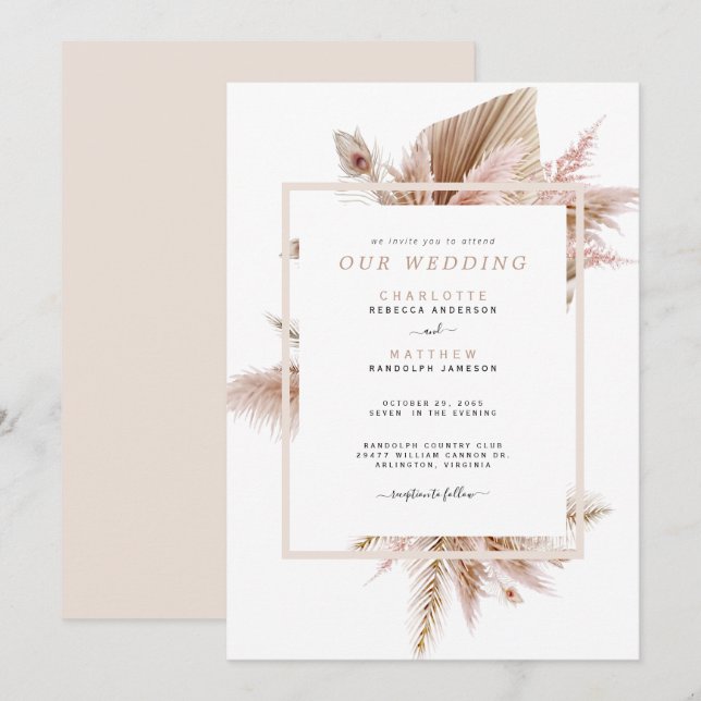 Invitación de boda beige de Pampas sin padres (Anverso / Reverso)