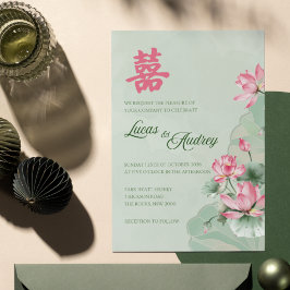Invitación de boda bilingüe verde rosa loto
