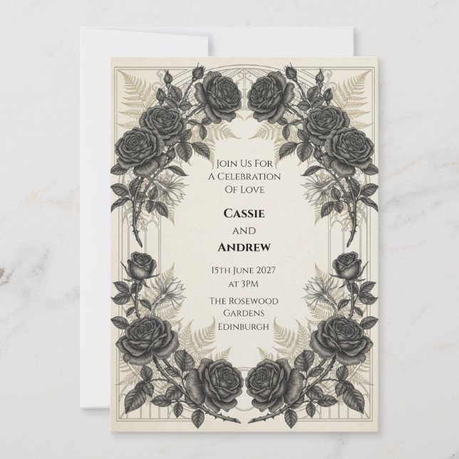 Invitación de boda Black Rose Gold Fern (Anverso)