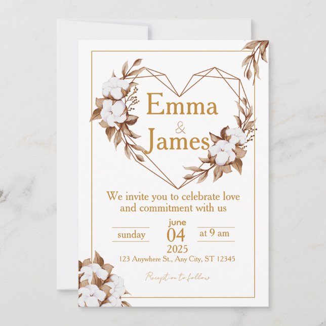 Invitación de boda blanca con corazón y rosas eleg (Anverso)