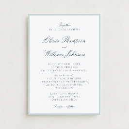 Invitación de boda blanca con detalles en azul cla