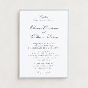 Invitación de boda blanca con detalles en azul cla