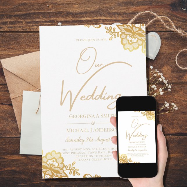 Invitación de Boda Blanca con Encaje Dorado Clásic (Subido por el creador)