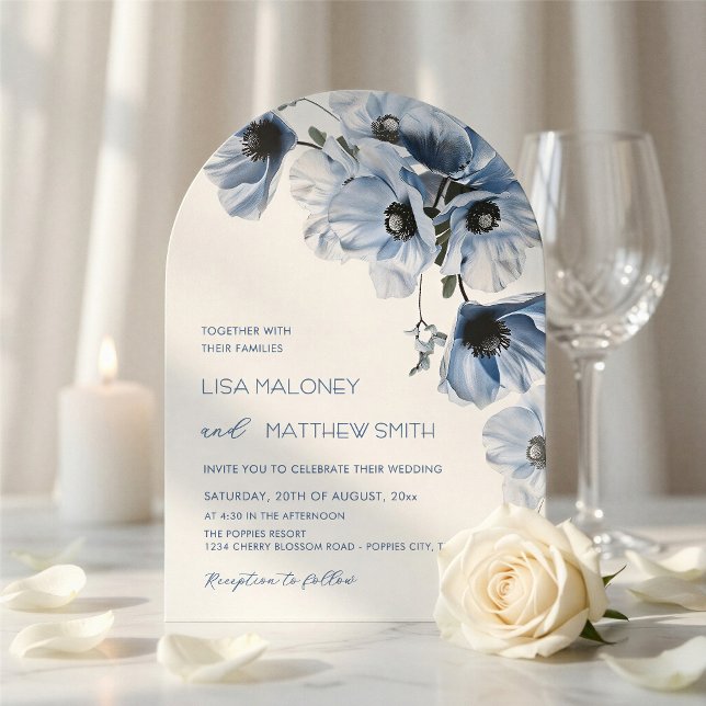 Invitación de boda blanca con flores azules delica (Subido por el creador)
