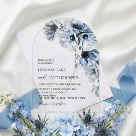 Invitación de boda blanca con flores azules transp