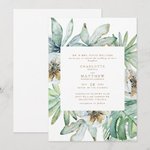 Invitación de boda blanca con follaje tropical exu