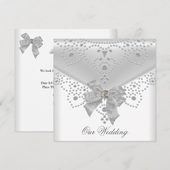 Invitación de boda blanca con lazo de superposició (Anverso / Reverso)