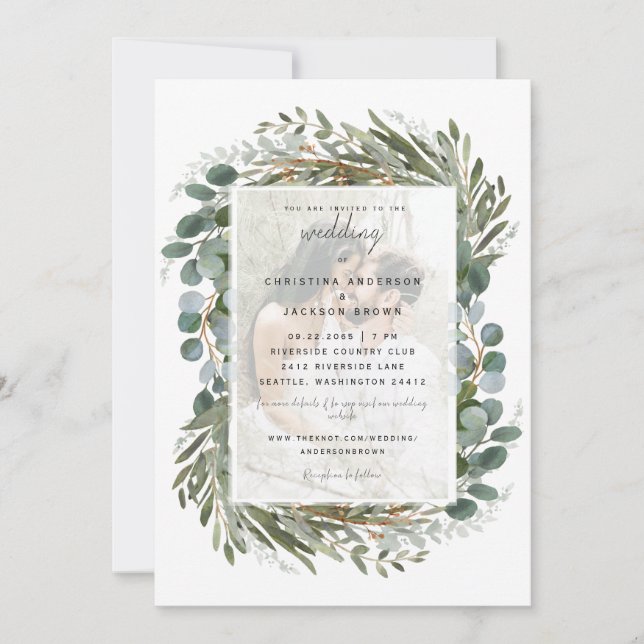 Invitación de boda blanca de eucalipto con foto (Anverso)