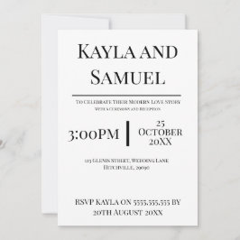 Invitación de boda blanca moderna con texto negro