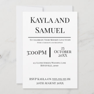 Invitación de boda blanca moderna con texto negro