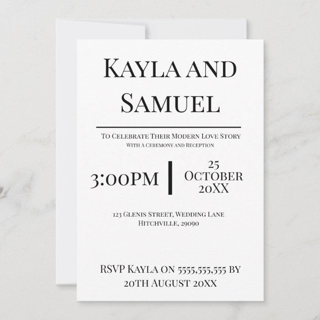 Invitación de boda blanca moderna con texto negro (Anverso)