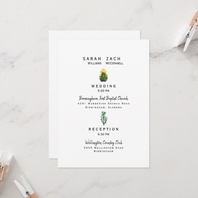 Invitación de boda blanca Simple Cactus Two Venue (Anverso/Reverso In Situ)