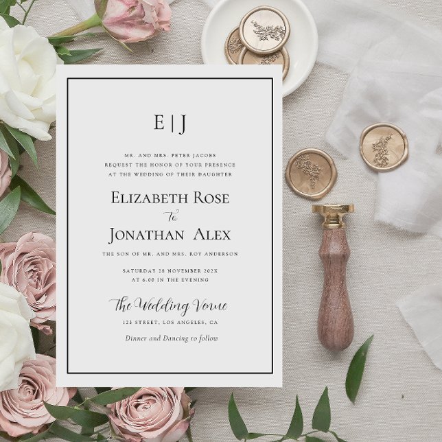 invitación de boda blanca y negra con marco modern (Subido por el creador)