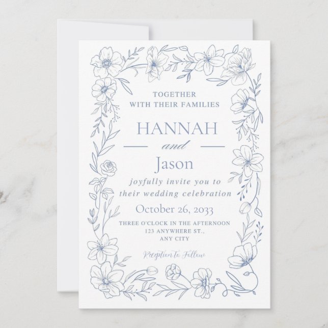 Invitación de boda Blissful Blue Blooms (Anverso)