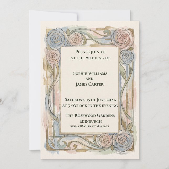 Invitación de boda Blue Rose Nouveau (Anverso)