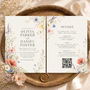 Invitación de Boda Bohemia con Código QR de Flores