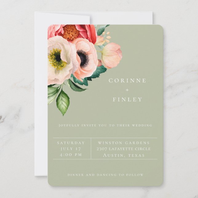 Invitación de boda Bohemian Blooms Dusty Olive (Anverso)