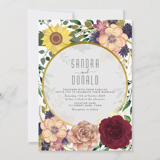 Invitación de Boda Bohemio de Flor Silvestre de Ot (Anverso)