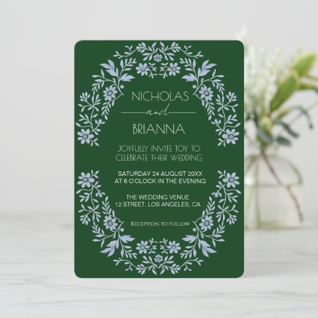 Invitación de boda bohemio de flor silvestre verde (Anverso de pie)