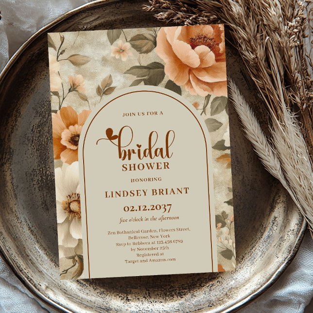 Invitación de boda bohemio floral de cobre (Copper Floral Bohemian Bridal Shower Invitation)