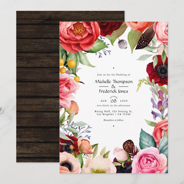Invitación de boda bohemio floral rústico (Anverso / Reverso)