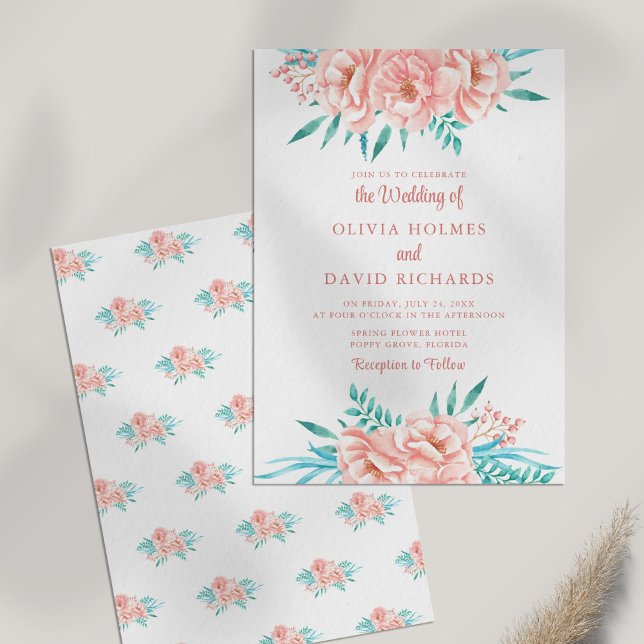 Invitación de Boda Bohemio Melocotón y Floral Tosc (Boho Peach and Tosca Floral Wedding Invitation on white table.)