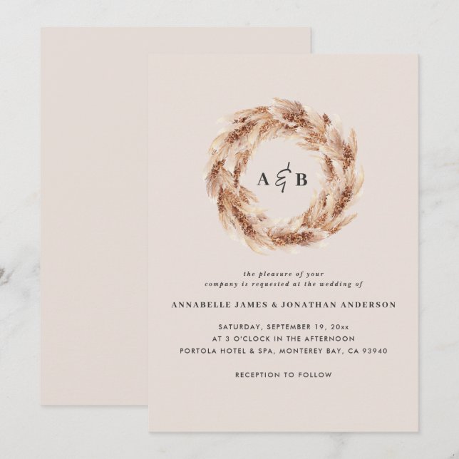 Invitación de boda bohemio moderno de pampas natur (Anverso / Reverso)