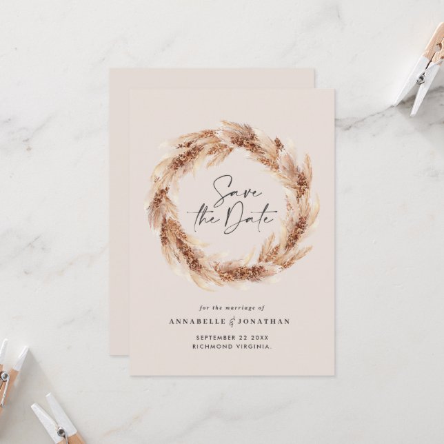 Invitación de boda bohemio moderno de pampas natur (Anverso/Reverso In Situ)